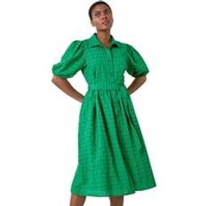 Clothing Roman Textured Puff Sleeve Midi Shirt Dress - Green