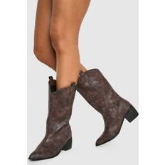 Brown Ankle Boots boohoo Wide Fit Vintage Look Tab Detail Ankle Cowboy Western Boots - Brown