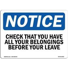 Office Supplies SignMission OSHA Notice Sign 12 x 18 in - Check That You Have All Your Belongings