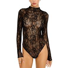 Good American Underwear Good American Women's Velvet Lace Long Sleeve Bodysuit - Black