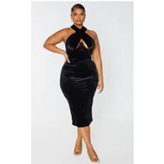 Velvet Dresses PrettyLittleThing Plus Black Velvet Cross Front Midi Dress