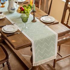 Shein Wavy Pattern Waterproof Tassel Table Runner Tablecloth Green (120x35cm)