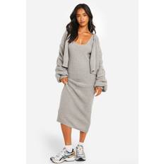 Clothing boohoo Womens Petite Chunky Knit Dress And Cardigan Co Ord Grey