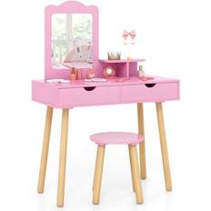 Tables Costway Kid Vanity Chair Set with Mirror and 2 Large Storage Drawers Dressing Table