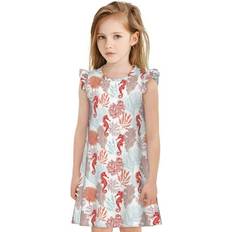 Nightwear Tebeau 1OAK, Tropical Corals Seahorse Print Girls Nightgowns Flutter Sleeve Pajamas Dress Girls Princess Dress Short Sleeve Clothes Round Neck Dresses for Kid -XX-Large