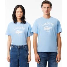 Lacoste Unisex T-shirts Lacoste Unisex Signature Print Cotton T-Shirt Blue