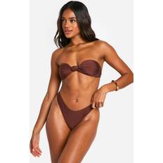 boohoo Womens Knotted Bikini Top High Leg Bikini Bottoms Set - Brown