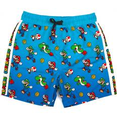 (9-10 Years) Super Mario Swim Shorts For Boys Kids Mario Luigi Swimming Trunks Pants Drawstring Waistband Blue Gamer Merchandise Gifts
