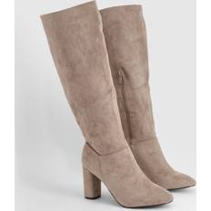 Beige High Boots boohoo Wide Fit Faux Suede Block Heel Knee High Boots - Beige