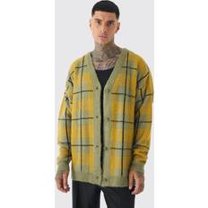 5XL Neuletakit boohooMAN Brushed Knit Check Drop Shoulder Cardigan - Olive