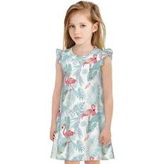 Nightwear Tebeau 1OAK, Tropical Flamingo Print Girls Nightgowns Flutter Sleeve Pajamas Dress Girls Princess Dress Short Sleeve Clothes Round Neck Dresses for Kid -XX-Large