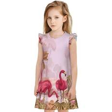 Nightwear Tebeau 1OAK, Flamingos In The Tropical Forest Print Girls Nightgowns Flutter Sleeve Pajamas Dress Girls Princess Dress Short Sleeve Clothes Round Neck Dresses for Kid -Large