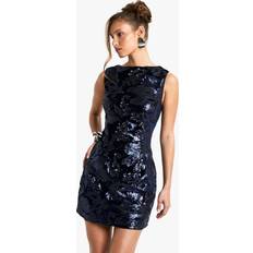 boohoo Womens Slash Neck Demask Sequin Mini Dress Navy