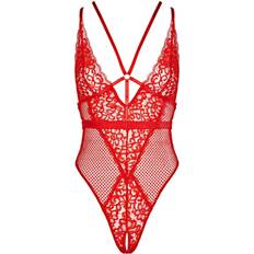 Set di lingerie Ann Summers Obsession lace and fishnet plunge front bodysuit with strapping detail in red