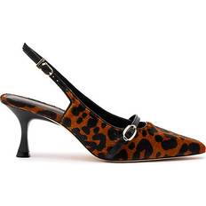 Larroudé Ines Pointed Toe Animal Print Calf Hair Mid Heel Slingback Pumps - Brown