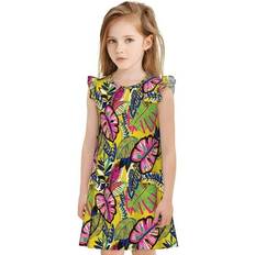 Nightwear Tebeau 1OAK, Colrful Tropical Leaves Print Girls Nightgowns Flutter Sleeve Pajamas Dress Girls Princess Dress Short Sleeve Clothes Round Neck Dresses for Kid -XX-Large