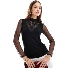 Rete Bluse Morgan high neck lace detail dobby mesh top in black