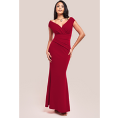 Goddiva Bardot Pleated Maxi Dress Wine