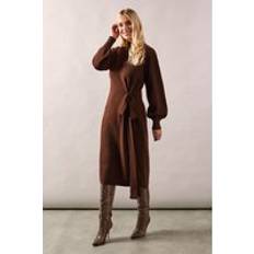 Clothing Wallis Petite Tie Side High Neck Knitted Midi Dress Chocolate