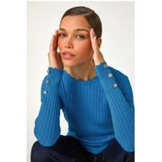 Denim Jumpers Roman Button Detail Ribbed Longline Jumper in Denim