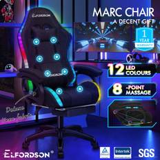 ELFORDSON Gaming Office Chair 12 RGB LED Massage Footrest Fabric Black