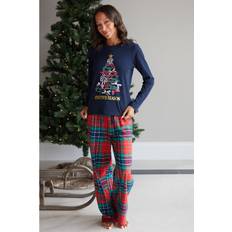 Clothing Threadbare 'Frenchie' Cotton Long Sleeve Christmas Check Pyjama Set Blue