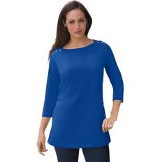 Jessica London Blouses Jessica London Plus Women's Stretch Cotton Boatneck Tunic in Dark Sapphire (Size 34/36) Long Knit 3/4 Sleeve Shirt