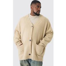 Beige - Mies Neuletakit boohooMAN Plus Brushed Knit Oversized Cardigan - Cream