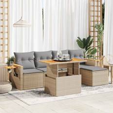 vidaXL 6 Piece Garden Sofa Beige Poly Rattan Acacia Outdoor Lounge Set