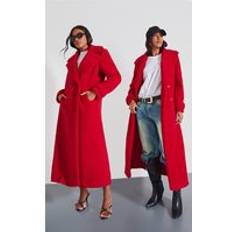 Red Coats PrettyLittleThing Red Borg Double Breasted Maxi Coat, Red