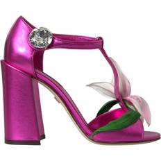 Pink Sandaler med hæl Dolce & Gabbana Pink Leather Crystals Floral Sandals Shoes EU36.5/US6