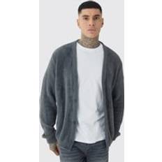 boohooMAN Mens Tall Fluffy Knit Boxy Oversized Cardigan Grey