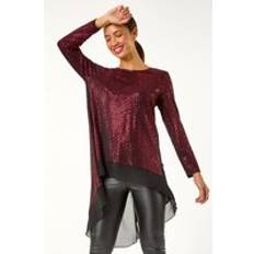 Polyamide - Women Blouses Roman Chiffon Hem Sequin Stretch Tunic Top in Red