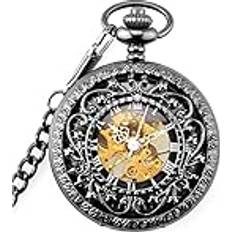 Sapphire Pocket Watches Cafiedr Carved Flowers Herr Kvinnor Handlindning Mekanisk Lyx Retro romerska siffror (svart)