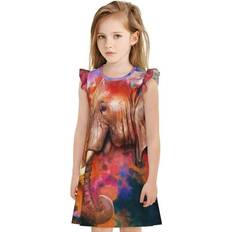 Elephants Nightgowns Children's Clothing Tebeau 1OAK, Oil Paintings of Elephants Print Girls Nightgowns Flutter Sleeve Pajamas Dress Girls Princess Dress Short Sleeve Clothes Round Neck Dresses for Kid -XX-Large