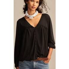 Lucky Brand Sandwash Button Front Blouse Women's Clothing Blouses Tops Dress Shirts in Jet Black