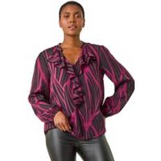 Purple Blouses Roman Linear Print V-Neck Ruffle Front Top Purple
