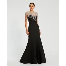 Mac Duggal Draped White Beaded Mermaid Maxi Gown In Black