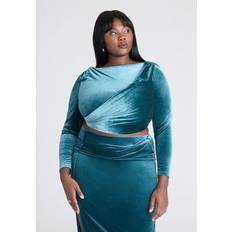 Turquoise - Women Clothing Eloquii Plus Women's Velvet Asym Drape Top in Teal (Size 24)