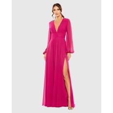 Mac Duggal V-Neck Illusion Long Sleeve Chiffon Wedding Guest Maxi Gown In Pink/Red