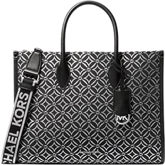 Michael Kors Black Bags on sale Michael Kors Mirella Medium Metallic Logo Jacquard Tote Bag - Black/Silver