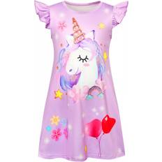 (8074 Purple, 140/7-8Years) Kids Girls Unicorns Nightgown Pyjamas Nighties Party Loungewear Nightgown Dress