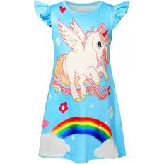 (8072 Blue, 110/3-4Years) Kids Girls Unicorns Nightgown Pyjamas Nighties Party Loungewear Nightgown Dress