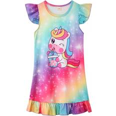 (8029 Rainbow, 120/4-5Years) Kids Girls Unicorns Nightgown Pyjamas Nighties Party Loungewear Nightgown Dress