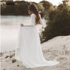 Blowuponline5 (White) LORIE Beach Wedding Dress Long Sleeve Boho V Neck Open Back bridal dresses 2019 Chiffon Princess Lace Chiffon Wedding Gown novia