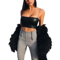New Sexy Cropped Leather Top Tank Women Summer Black Bralette PU Crop Top Backless Camisole Tops Solid Black Strap Tank Vest One