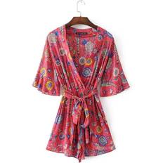 Boho Chic V Neck Floral Print Jumpsuits Mujer Summer Beach Overalls Casual Streetwear Tunic Playsuits Empire Jumpsuit Gypsy Black One