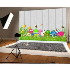 Photo Backgrounds Conbicy JDQZM, 7x5ft Photography Backdrop Cartoon Easter Eggs on Green Grass with Flowers and Butterfly Wood Wall Scene Photo Background Children Baby Adults Portraits Backdrop