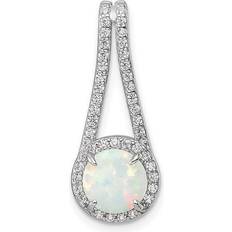 Rhodium Plated Charms & Pendants Finest Gold Sterling Silver Rhodium-Plated White Opal & CZ Halo Pendant