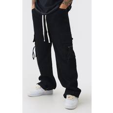 boohooMAN Baggy Fit Elasticated Waist Extended Drawcord Cargo Trousers - Black